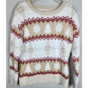 Holiday Time Womens Sz M Fair Isle Fuzzy Christmas Tree Snowflake Sweater